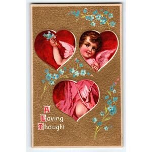 Valentines Day Postcard Cherub Looks Through 3 Hearts A Loving Thought